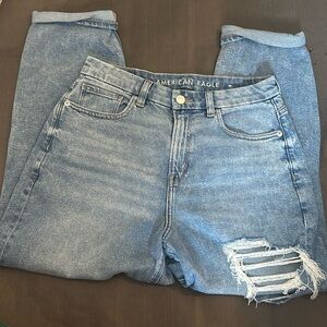 Curvy Mom Jean 
Brand: American Eagle 
Size: 6 (stretch) (short)
Distressed